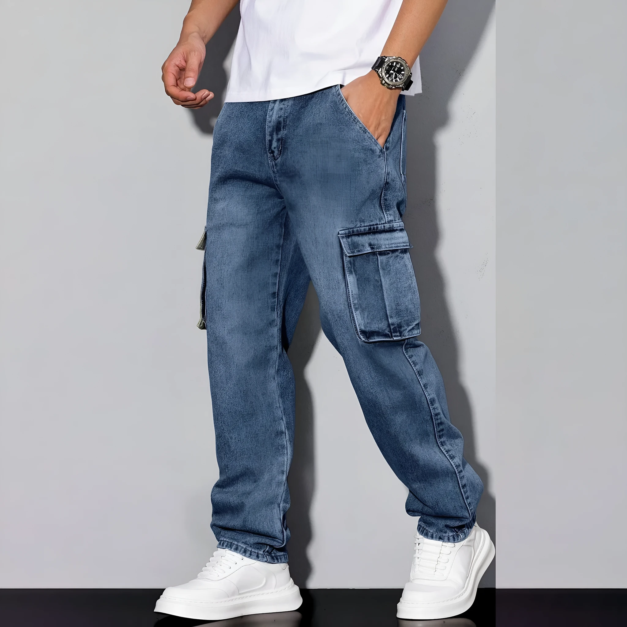 Light blue jeans with elastic ankle bands, drawstring waist, cotton denim casual trousers