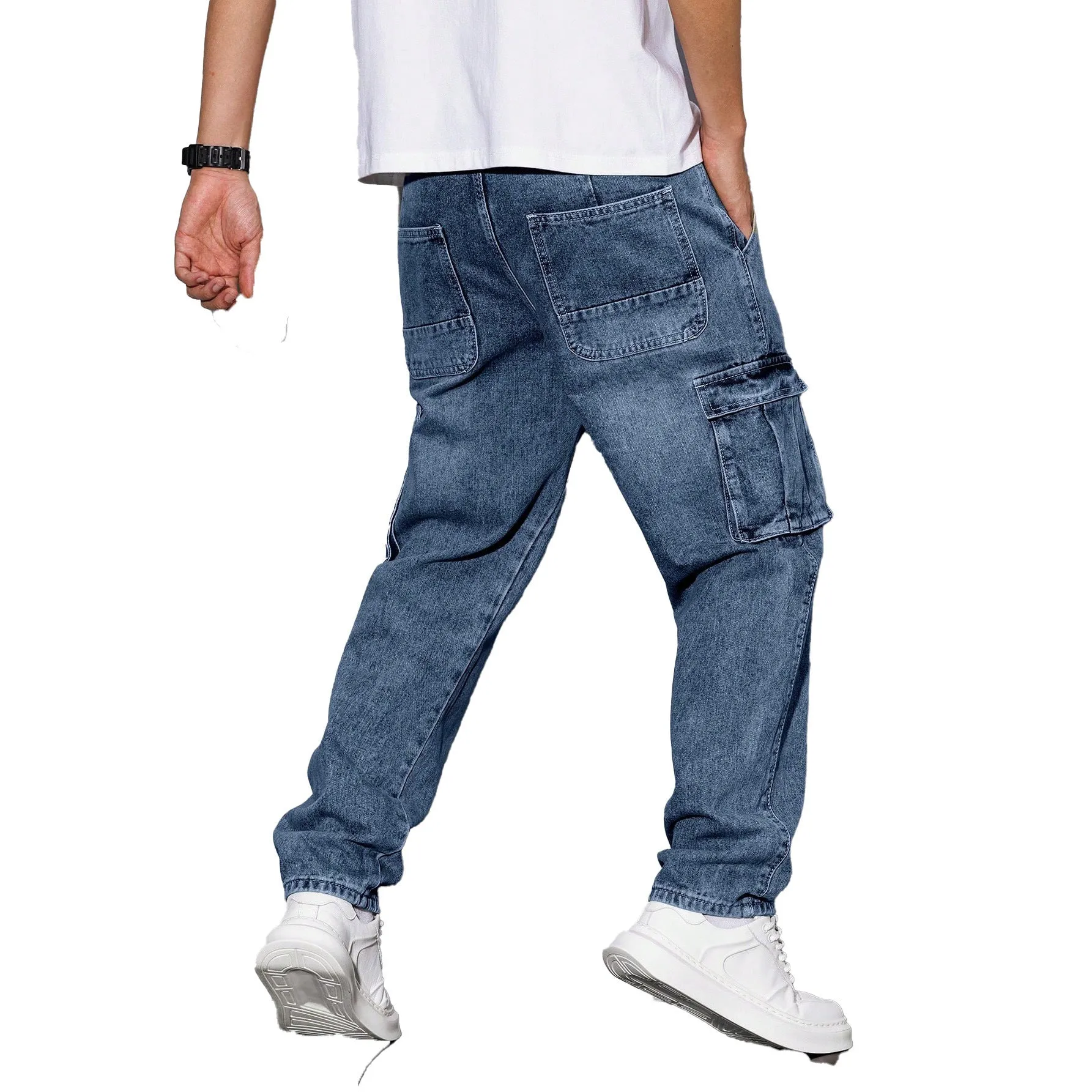 Light blue jeans with elastic ankle bands, drawstring waist, cotton denim casual trousers