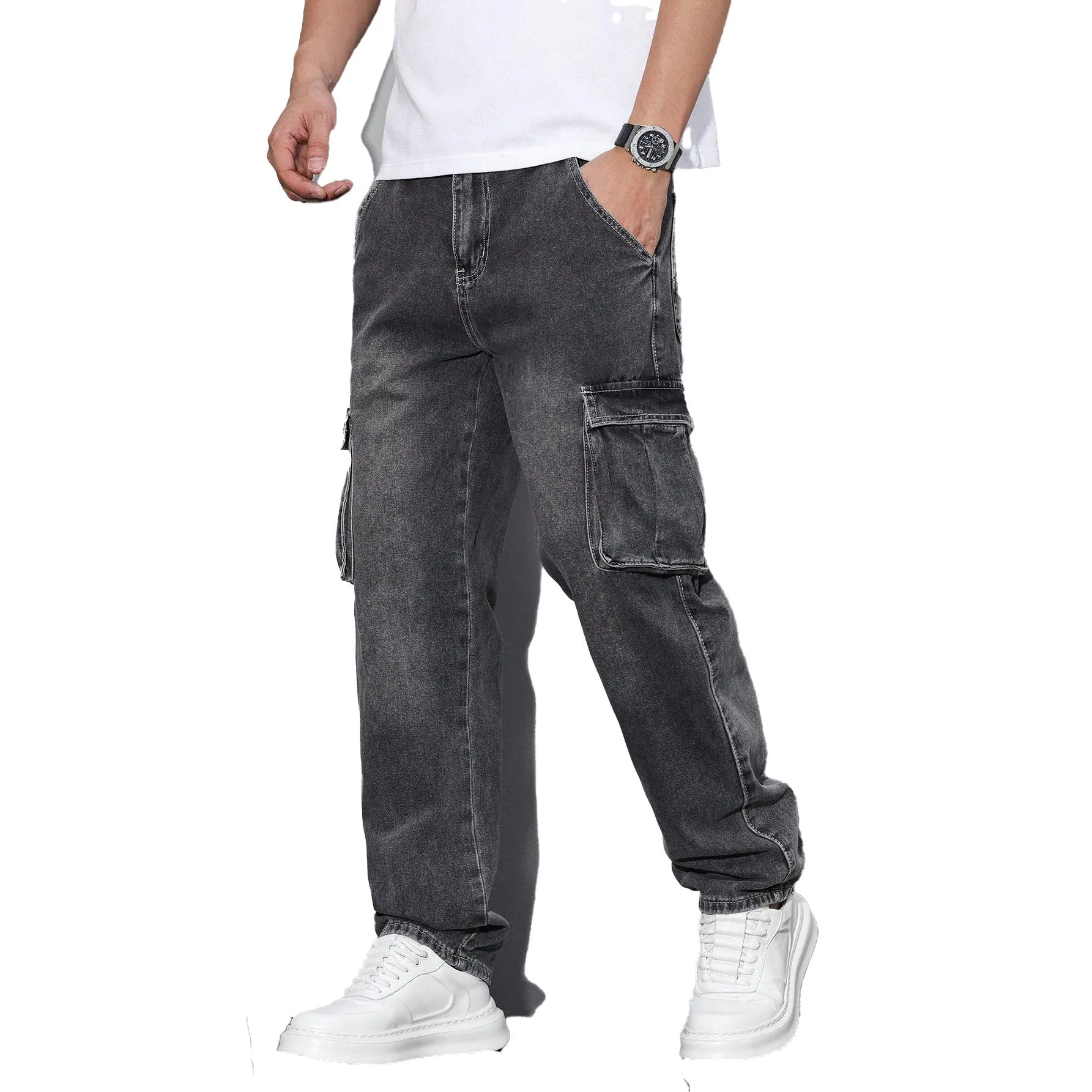 Light blue jeans with elastic ankle bands, drawstring waist, cotton denim casual trousers