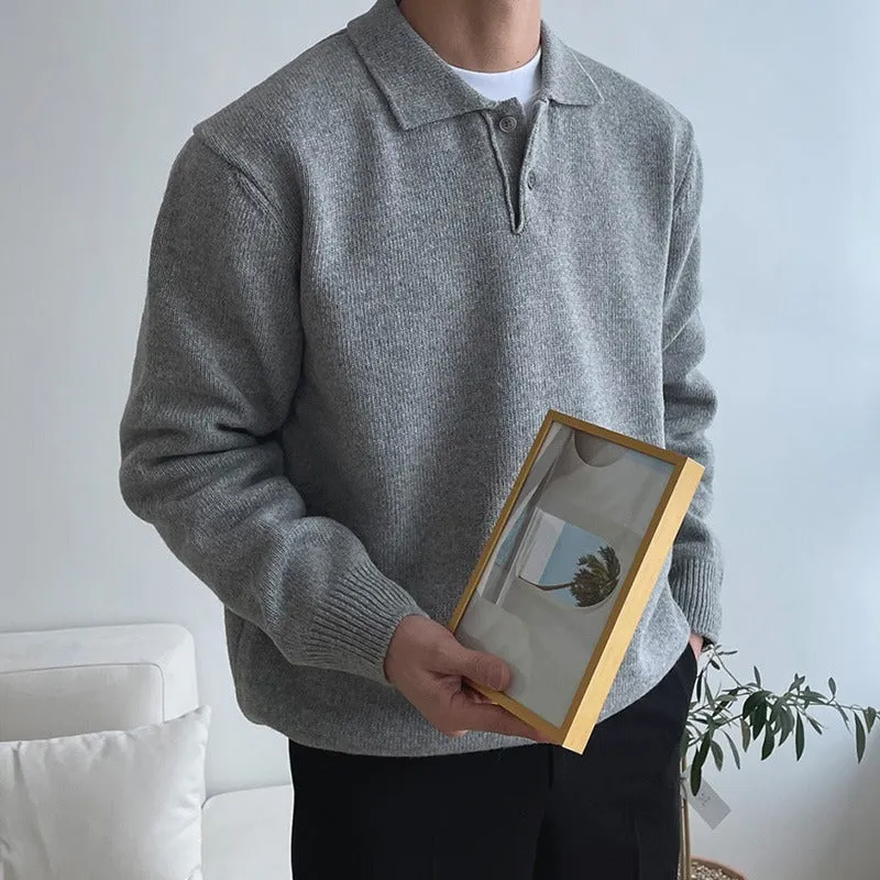 Men's lapel polo sweater loose fit pullover in beige, with long sleeves and lapel collar