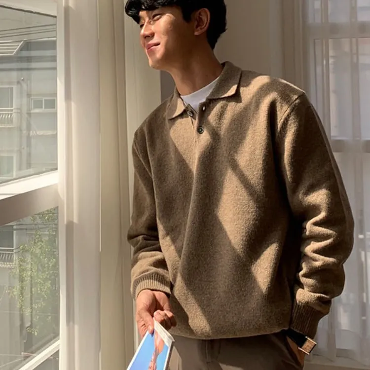 Men's lapel polo sweater loose fit pullover in beige, with long sleeves and lapel collar