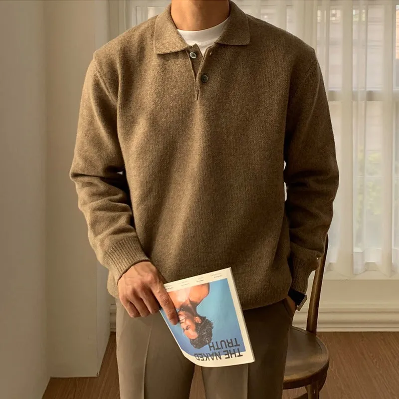 Men's lapel polo sweater loose fit pullover in beige, with long sleeves and lapel collar