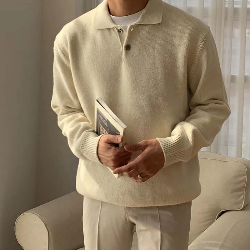 Men's lapel polo sweater loose fit pullover in beige, with long sleeves and lapel collar