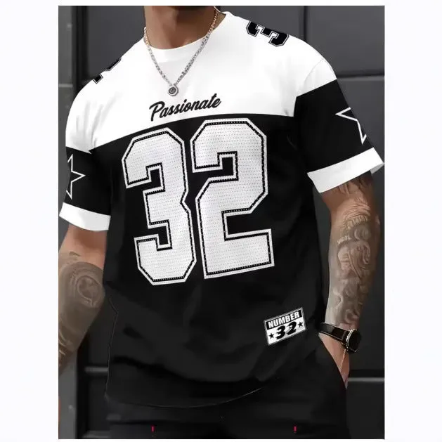 Men's digital printed round neck short sleeve T-shirt in polyester bird eye cloth, straight fit, available in multiple colours
