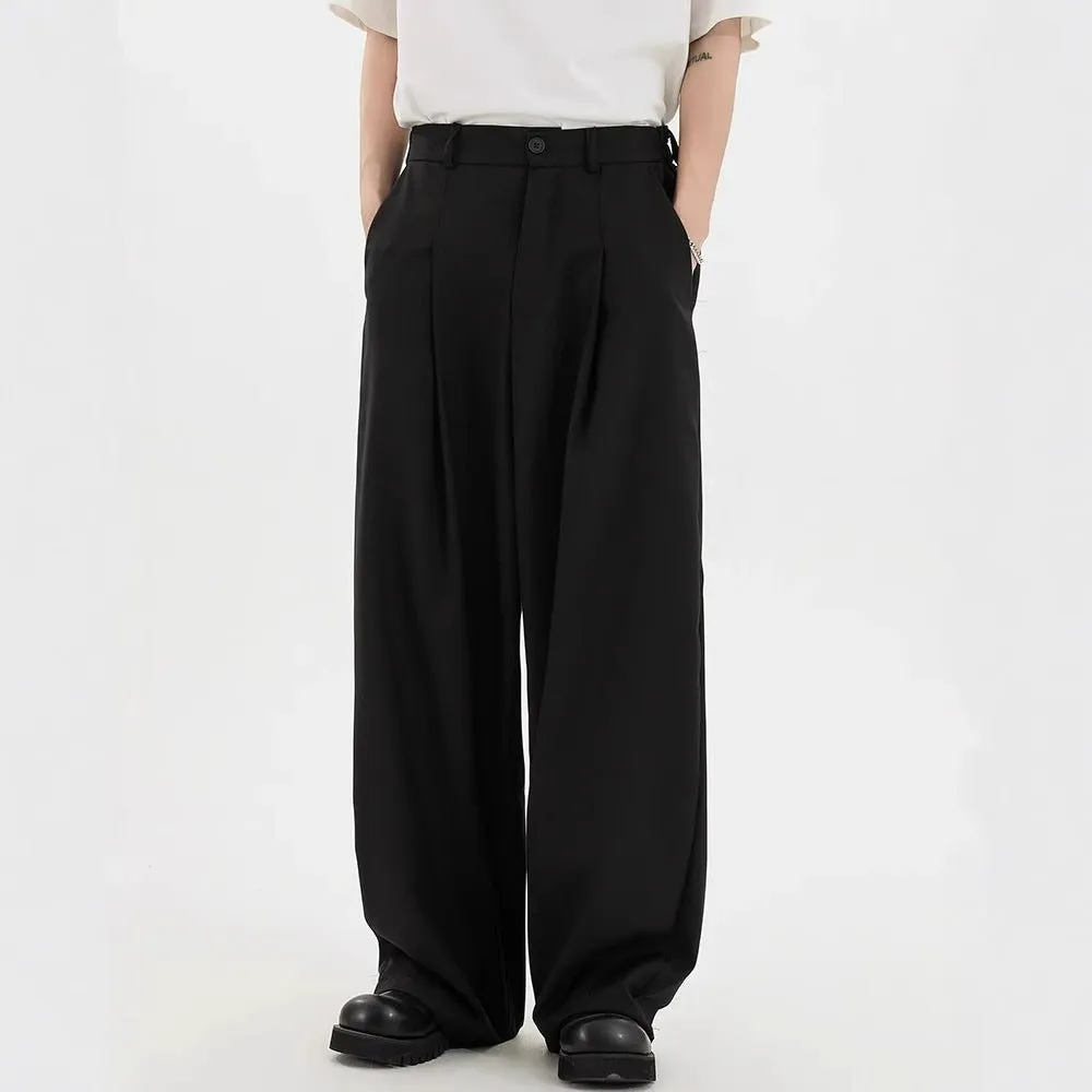 Men's straight casual trousers in black, loose fit with polyester fabric