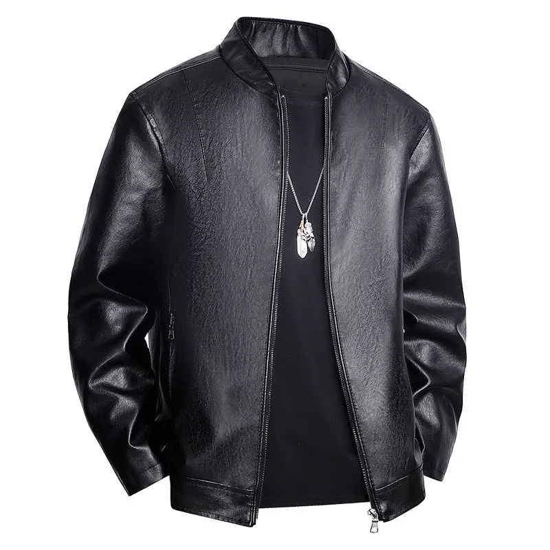 Slim-fit men's PU leather casual jacket in black with a regular 50cm length and polyester lining