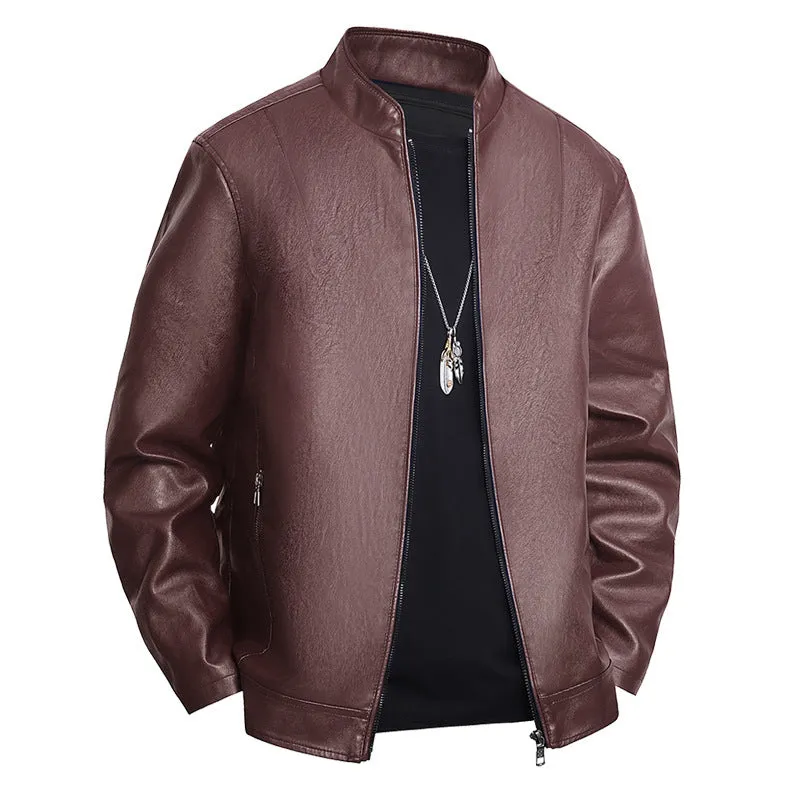 Slim-fit men's PU leather casual jacket in black with a regular 50cm length and polyester lining
