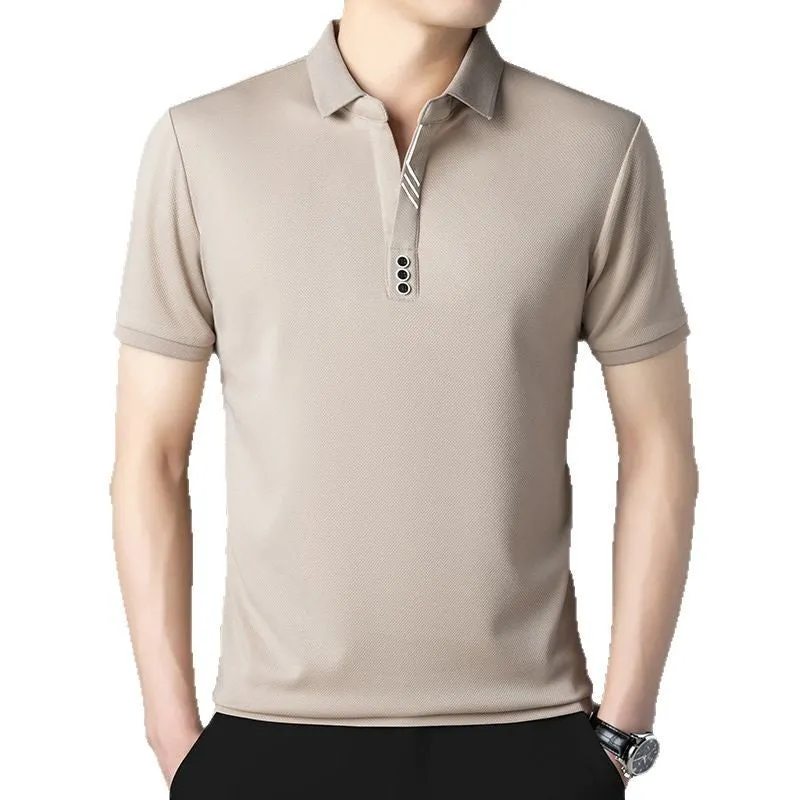 Summer lapels short-sleeved T-shirt for men, solid colour, asymmetric hem, available in green, white, red, black, khaki, and grey from 2504 and 2430 series.