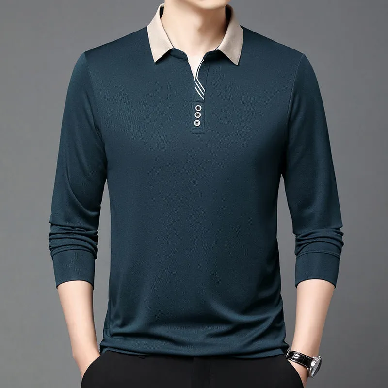 Summer lapels short-sleeved T-shirt for men, solid colour, asymmetric hem, available in green, white, red, black, khaki, and grey from 2504 and 2430 series.
