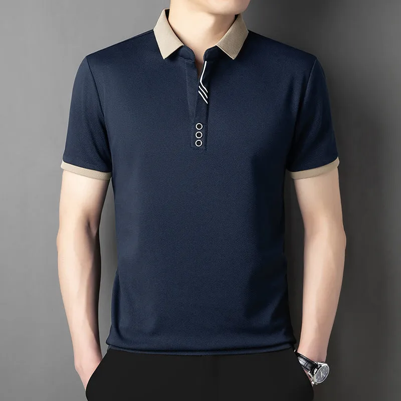 Summer lapels short-sleeved T-shirt for men, solid colour, asymmetric hem, available in green, white, red, black, khaki, and grey from 2504 and 2430 series.
