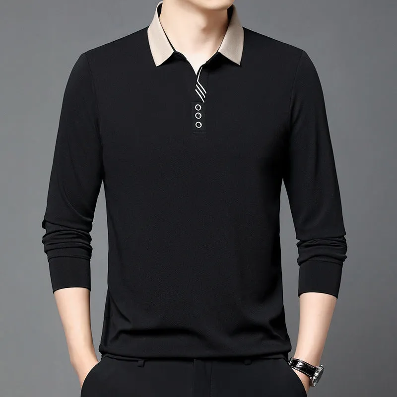 Summer lapels short-sleeved T-shirt for men, solid colour, asymmetric hem, available in green, white, red, black, khaki, and grey from 2504 and 2430 series.