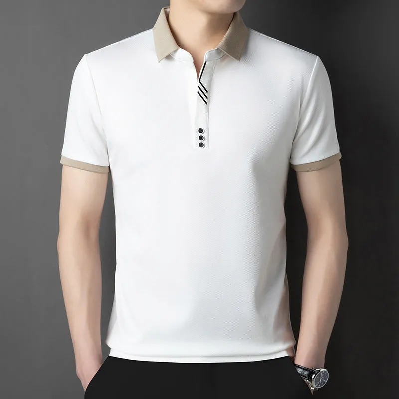 Summer lapels short-sleeved T-shirt for men, solid colour, asymmetric hem, available in green, white, red, black, khaki, and grey from 2504 and 2430 series.
