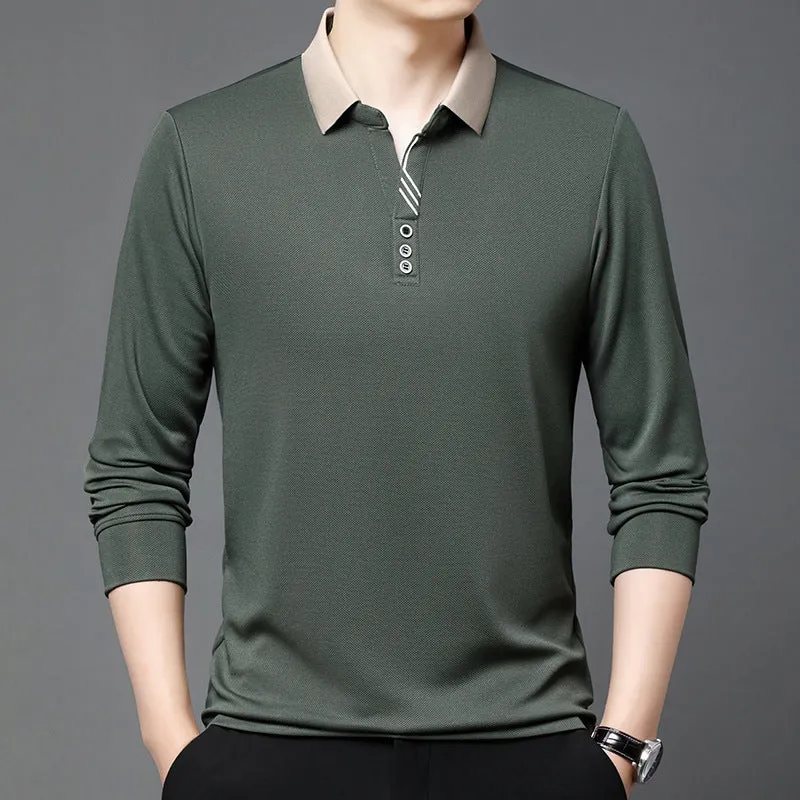 Summer lapels short-sleeved T-shirt for men, solid colour, asymmetric hem, available in green, white, red, black, khaki, and grey from 2504 and 2430 series.