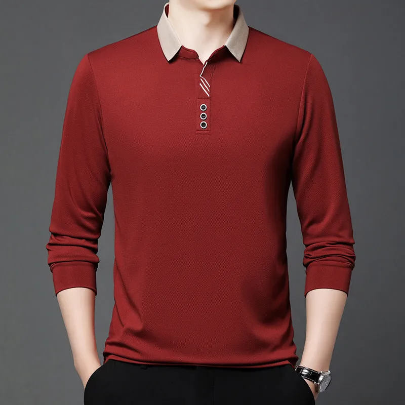 Summer lapels short-sleeved T-shirt for men, solid colour, asymmetric hem, available in green, white, red, black, khaki, and grey from 2504 and 2430 series.