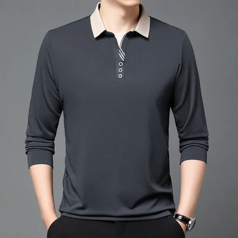 Summer lapels short-sleeved T-shirt for men, solid colour, asymmetric hem, available in green, white, red, black, khaki, and grey from 2504 and 2430 series.