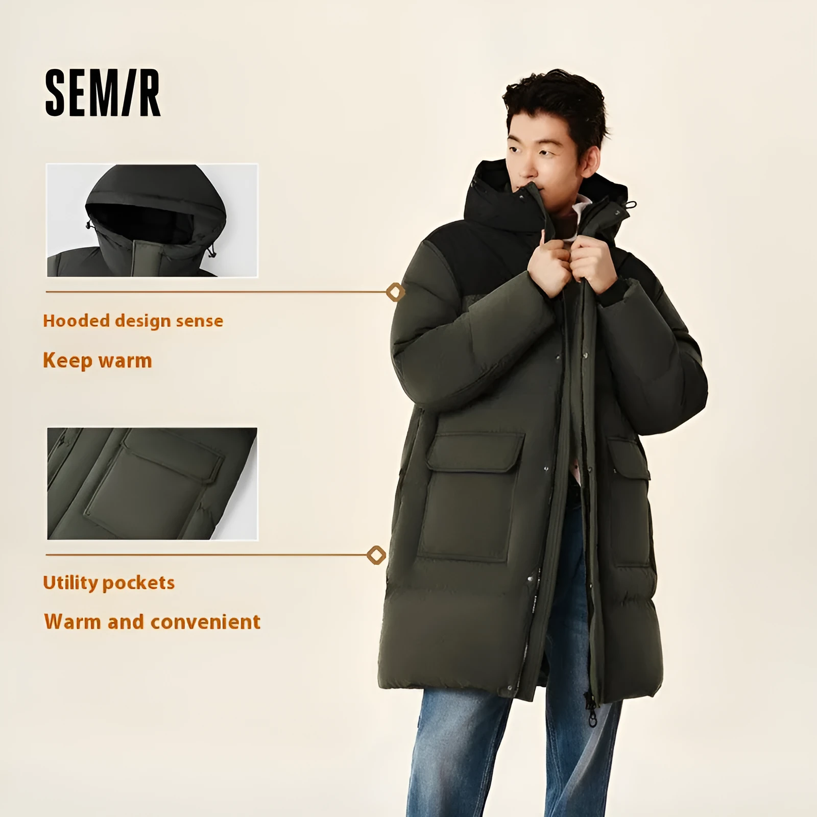 Long black waterproof winter coat with duck down filling, front view, available in multiple sizes