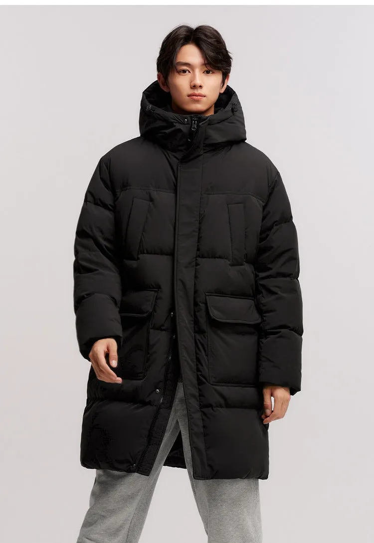 Long black waterproof winter coat with duck down filling, front view, available in multiple sizes