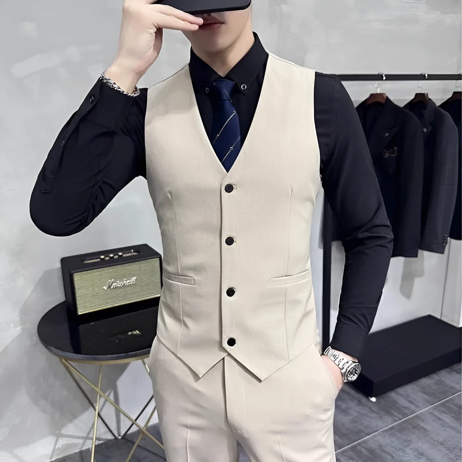 Men's business casual solid colour suit vest in large sizes up to 7XL, tight fit, polyester blend