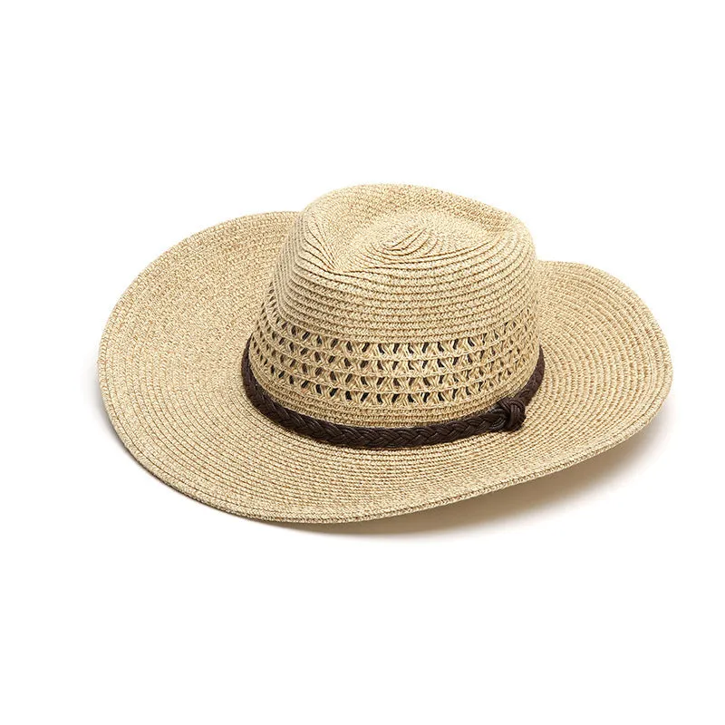 Men's foldable wide-brim straw sun hat in beige, shown on a neutral background.