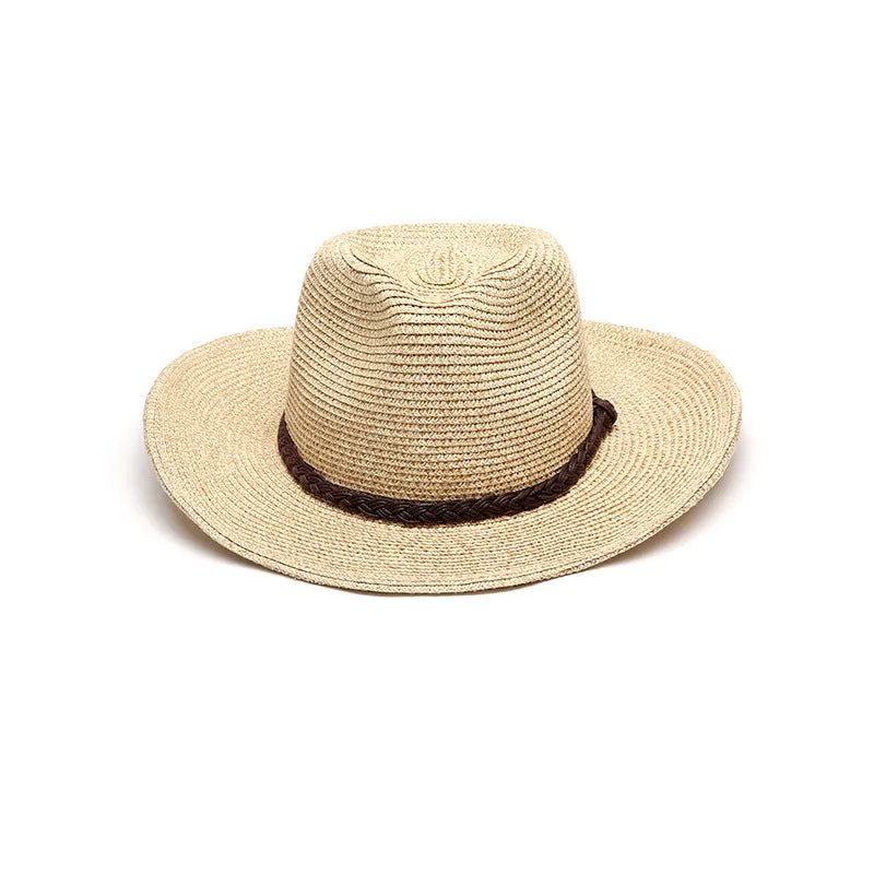 Men's foldable wide-brim straw sun hat in beige, shown on a neutral background.