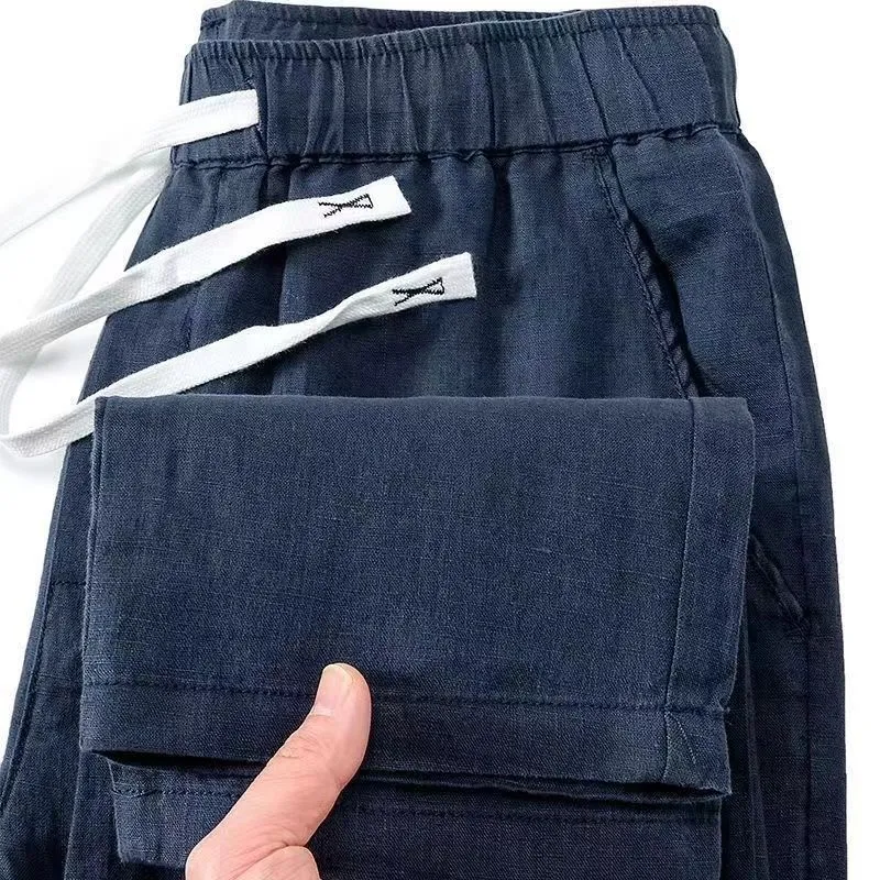 Pure linen Chinese style trousers with drawstring waist in straight leg cut available in multiple colours