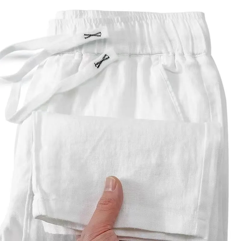 Pure linen Chinese style trousers with drawstring waist in straight leg cut available in multiple colours