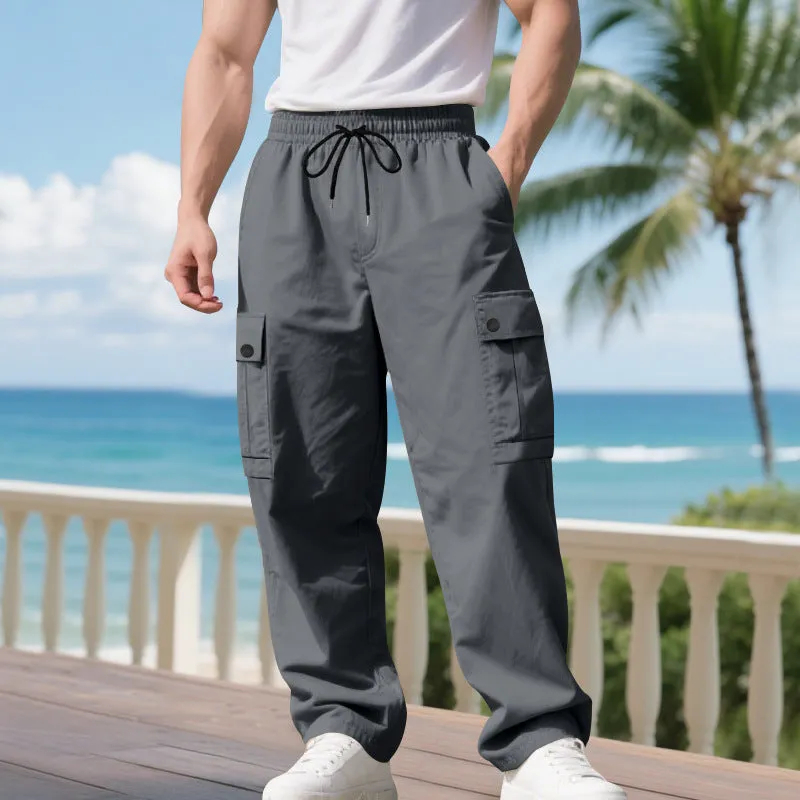 Men's loose multi-pocket cargo trousers in khaki, straight-leg polyester pants with side pockets