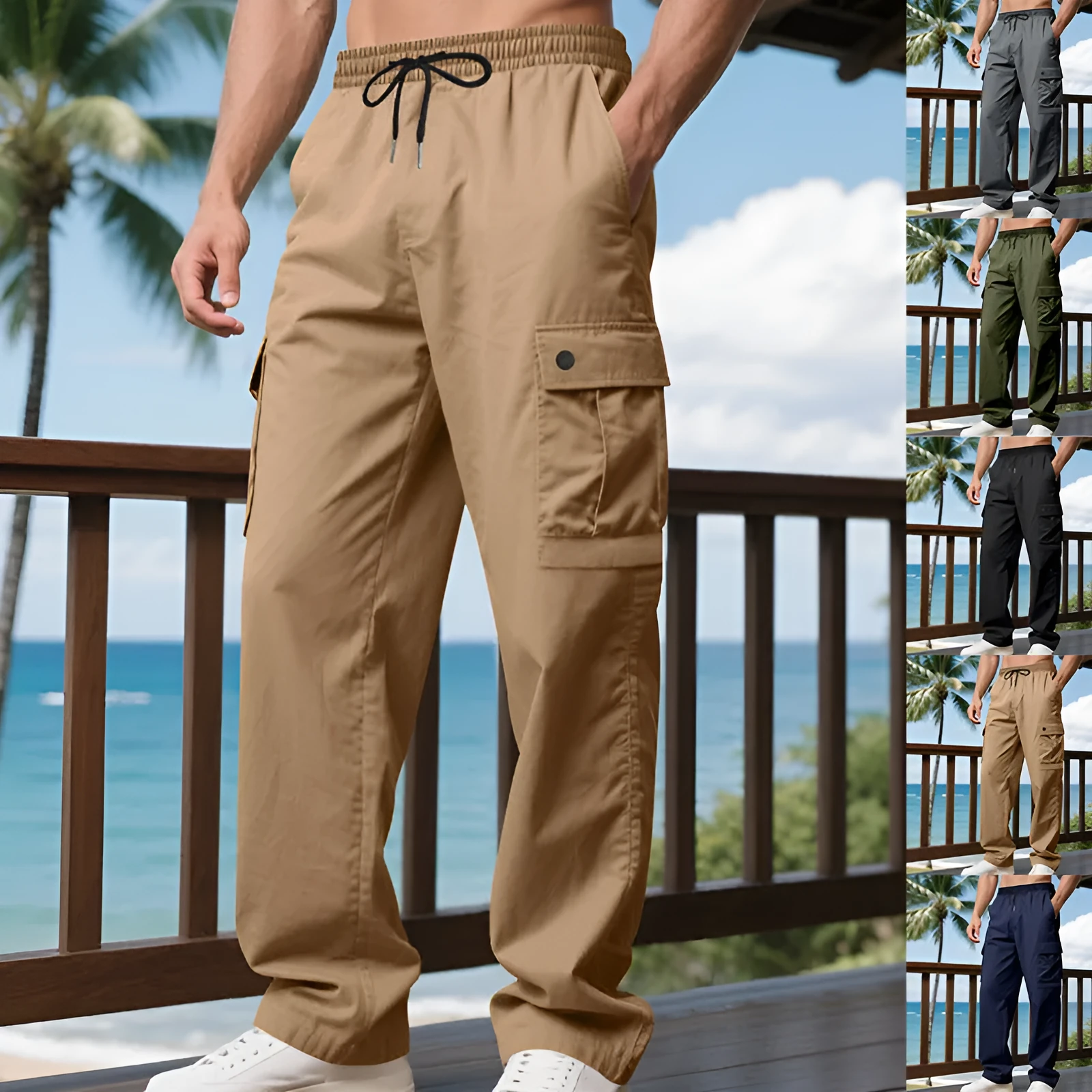 Men's loose multi-pocket cargo trousers in khaki, straight-leg polyester pants with side pockets