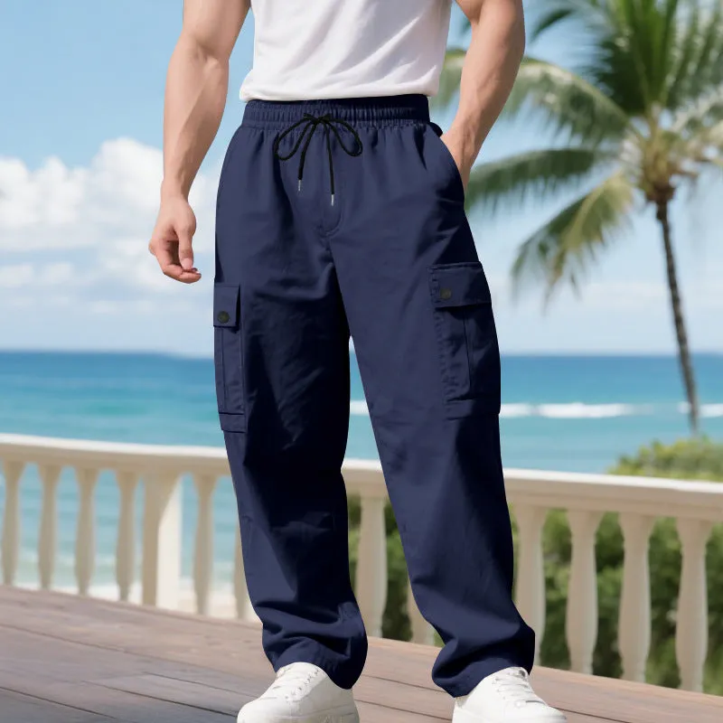 Men's loose multi-pocket cargo trousers in khaki, straight-leg polyester pants with side pockets