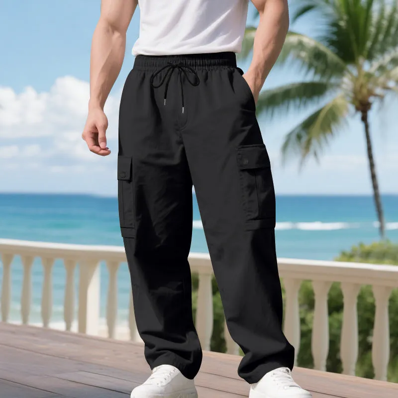 Men's loose multi-pocket cargo trousers in khaki, straight-leg polyester pants with side pockets