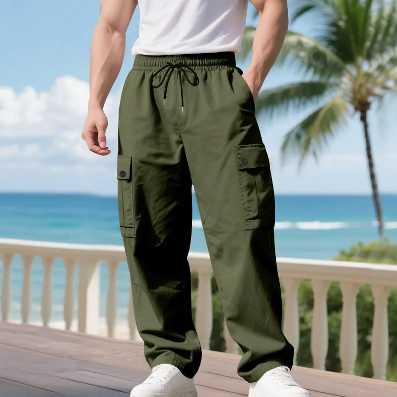 Men's loose multi-pocket cargo trousers in khaki, straight-leg polyester pants with side pockets