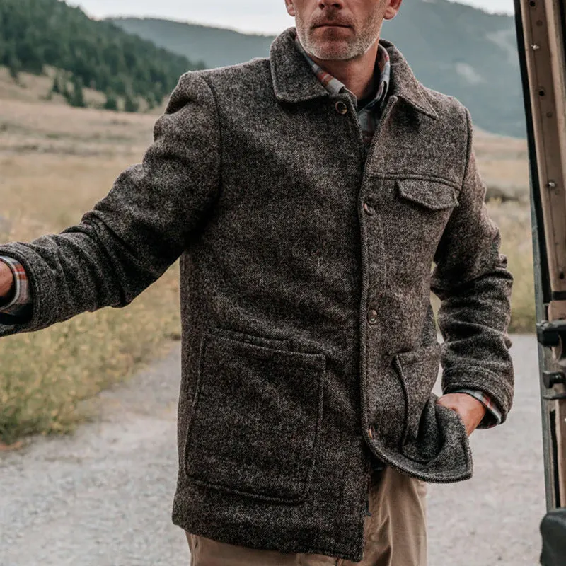 Brown casual fashion polo collar woolen jacket for men long sleeve polyester fibre