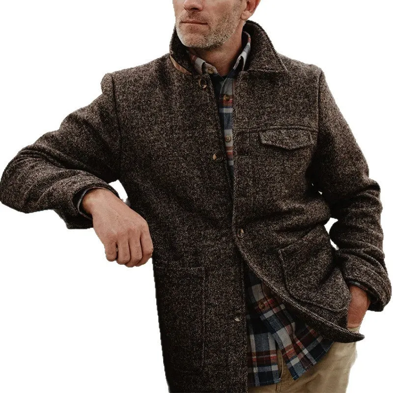 Brown casual fashion polo collar woolen jacket for men long sleeve polyester fibre