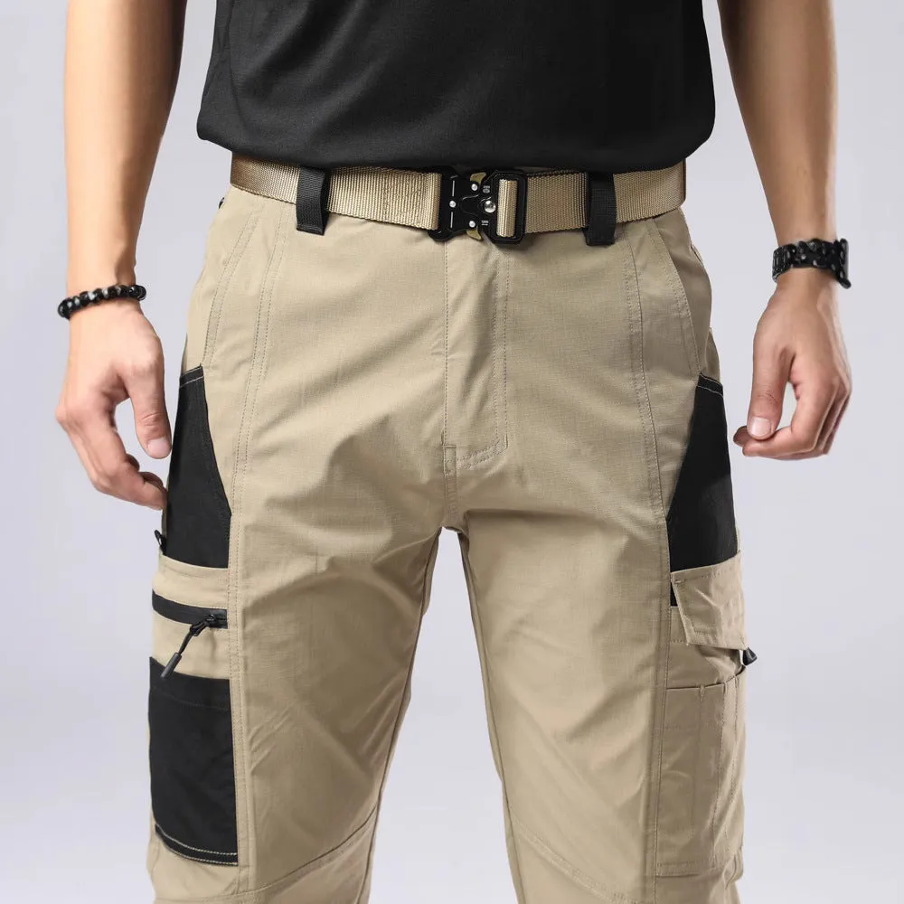 Men's outdoor cotton overalls in khaki with drawstring waist and loose fit, windproof and waterproof