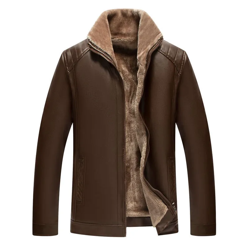 Men's one-piece artificial leather coat with velvet lining, black colour, straight hem design