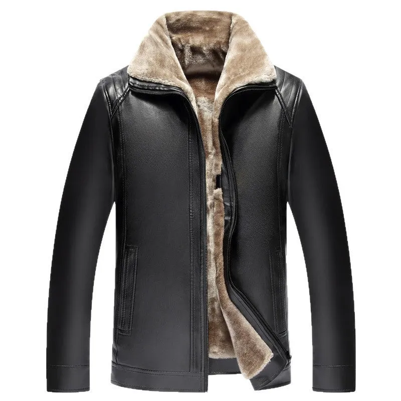 Men's one-piece artificial leather coat with velvet lining, black colour, straight hem design