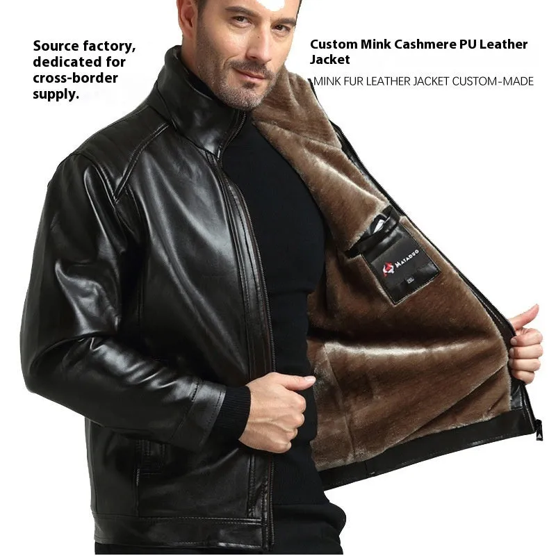 Men's one-piece artificial leather coat with velvet lining, black colour, straight hem design