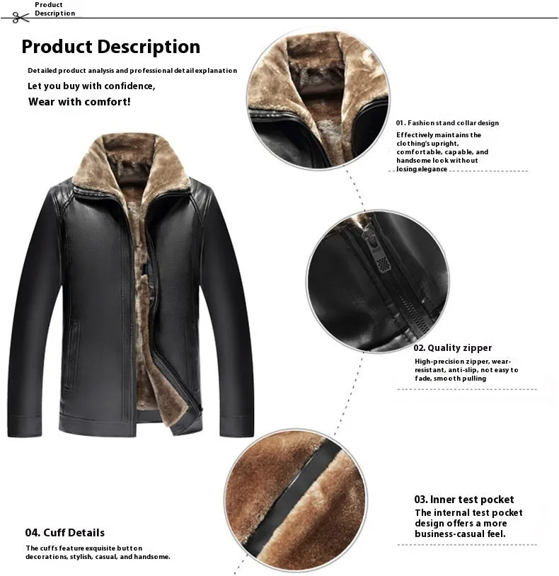 Men's one-piece artificial leather coat with velvet lining, black colour, straight hem design