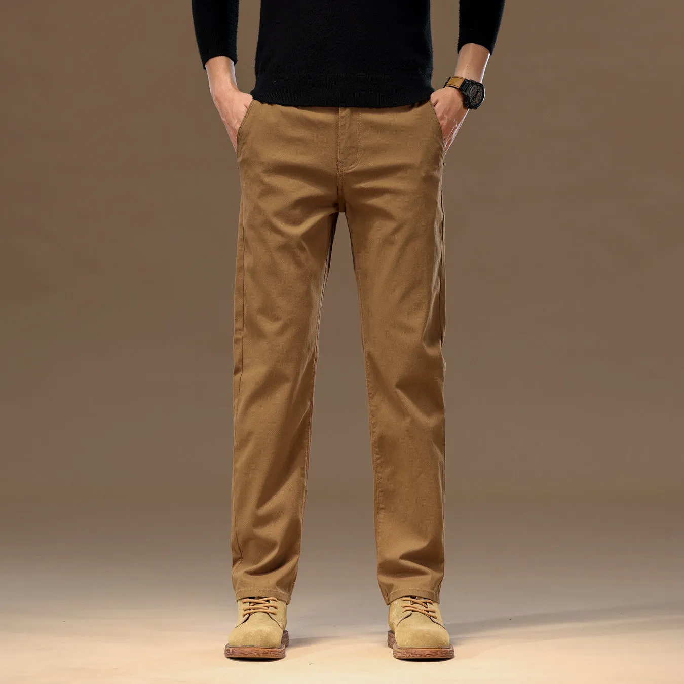 Men's cotton denim loose straight casual trousers in rust red with zip fly and elastic waist, front view