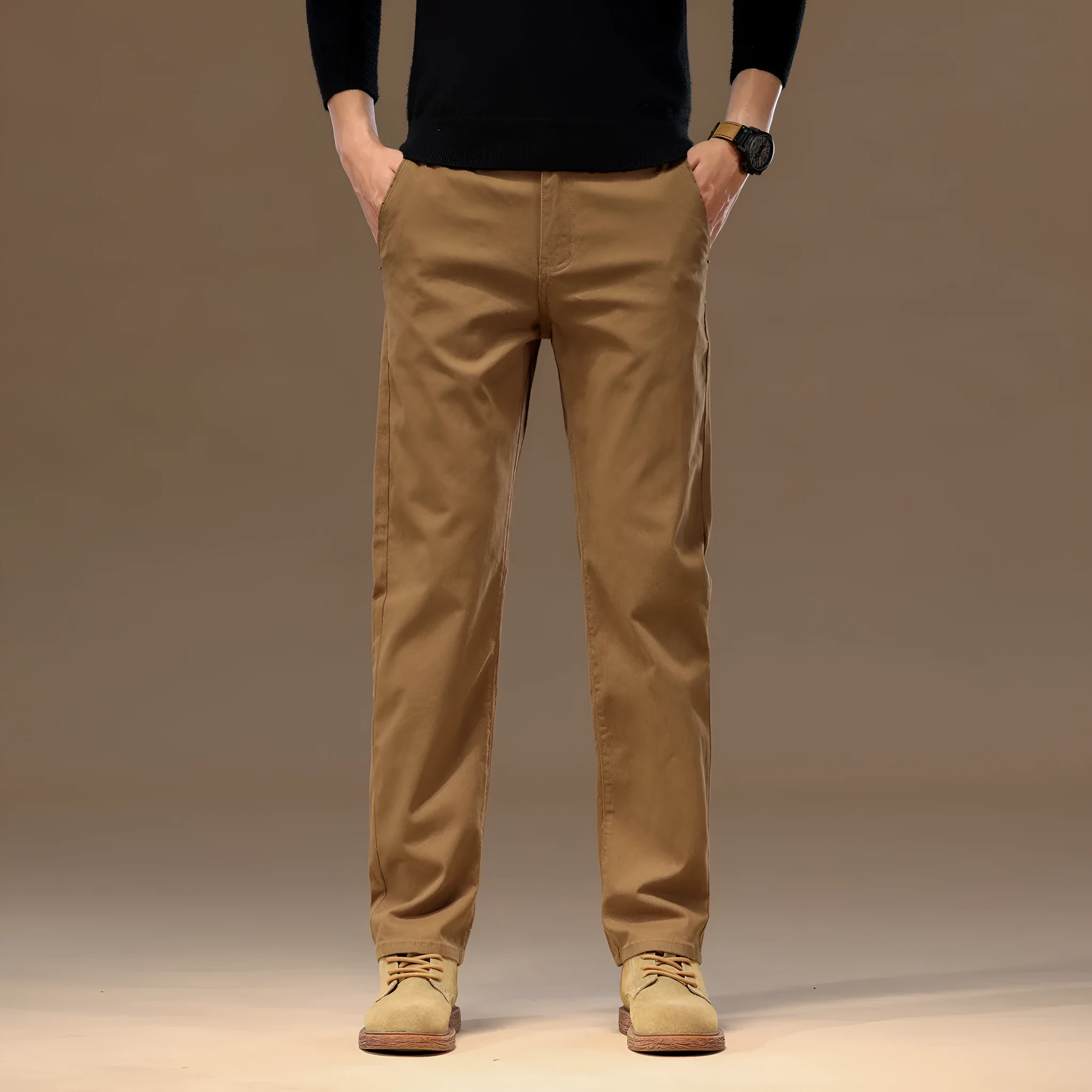 Men's cotton denim loose straight casual trousers in rust red with zip fly and elastic waist, front view