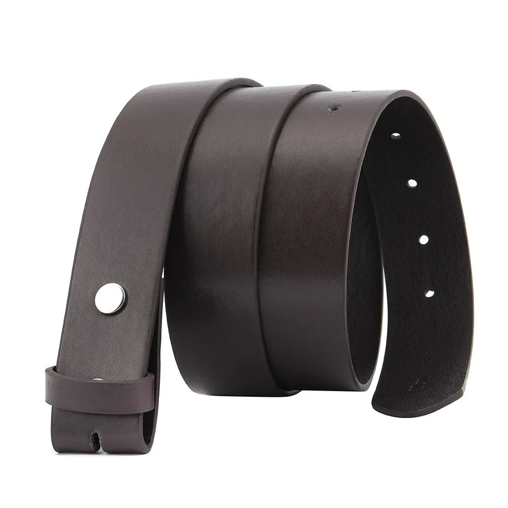 Fashion buttonless head eyelet men's belt in Black PU leather with patent leather treatment, shown flat on surface