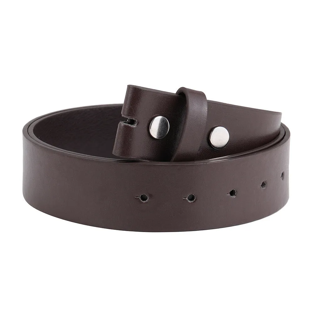 Fashion buttonless head eyelet men's belt in Black PU leather with patent leather treatment, shown flat on surface