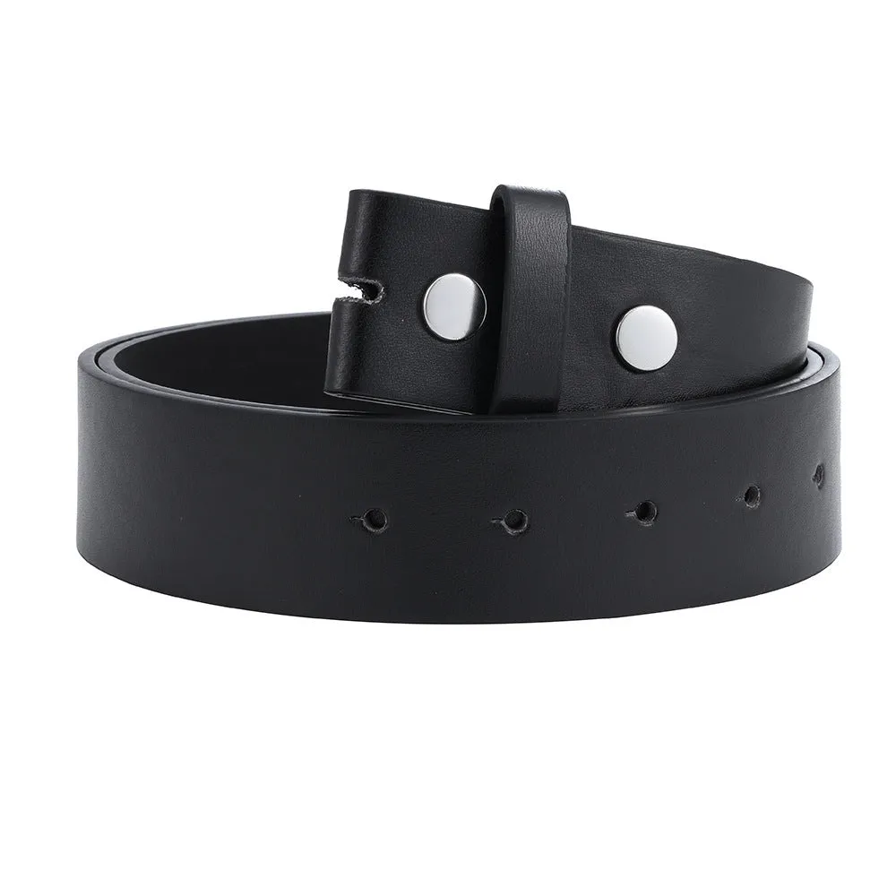 Fashion buttonless head eyelet men's belt in Black PU leather with patent leather treatment, shown flat on surface