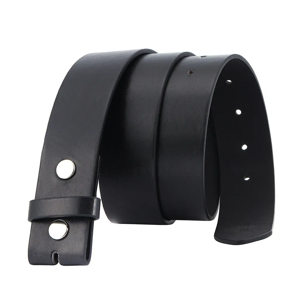 Fashion buttonless head eyelet men's belt in Black PU leather with patent leather treatment, shown flat on surface