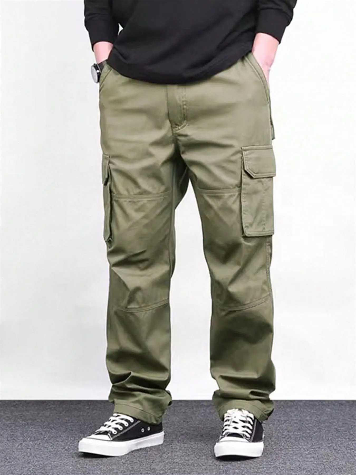 High waist straight long pants in khaki with drawstring waist, loose fit, bamboo fiber blend fabric, women's casual trousers