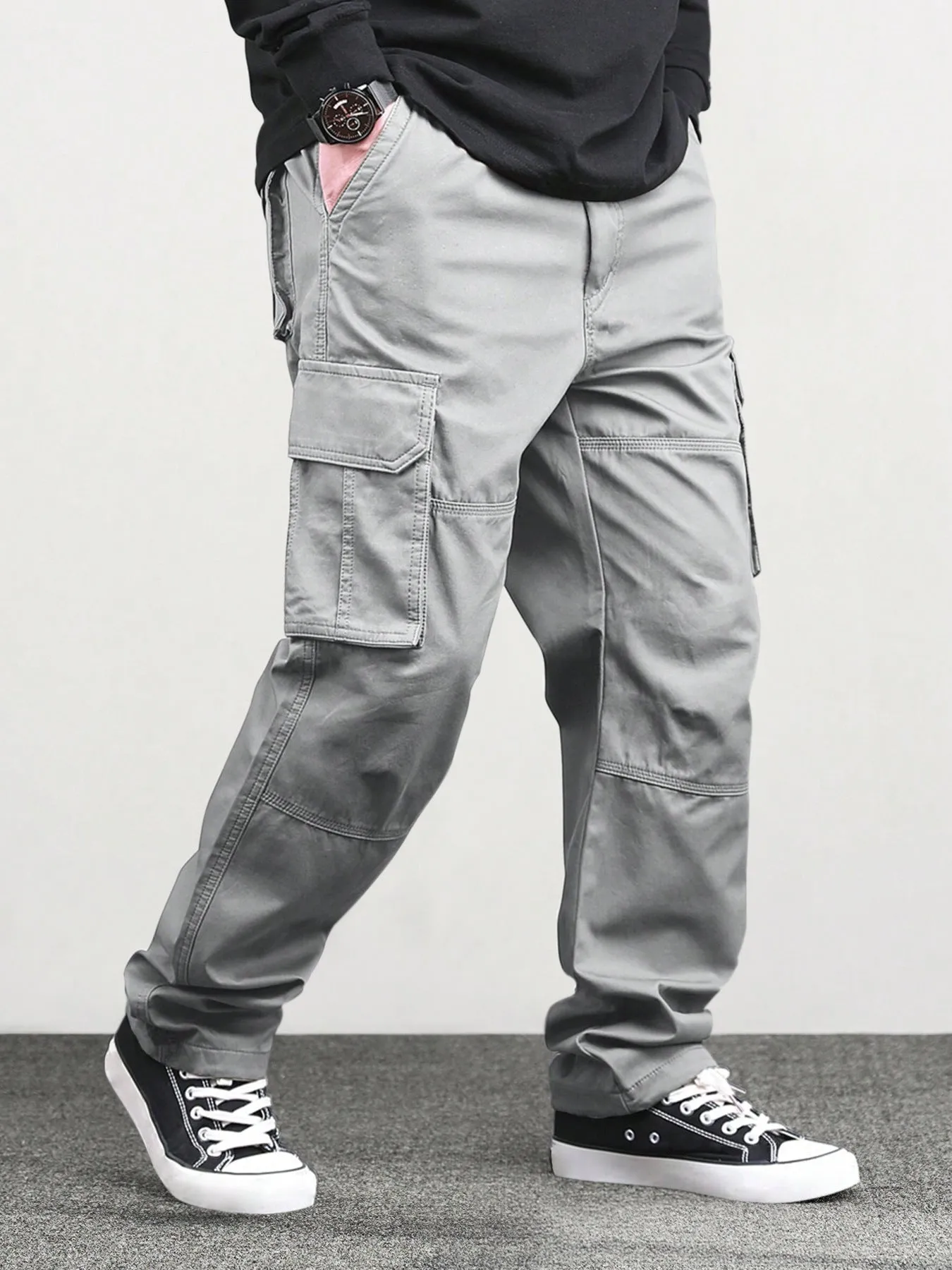 High waist straight long pants in khaki with drawstring waist, loose fit, bamboo fiber blend fabric, women's casual trousers