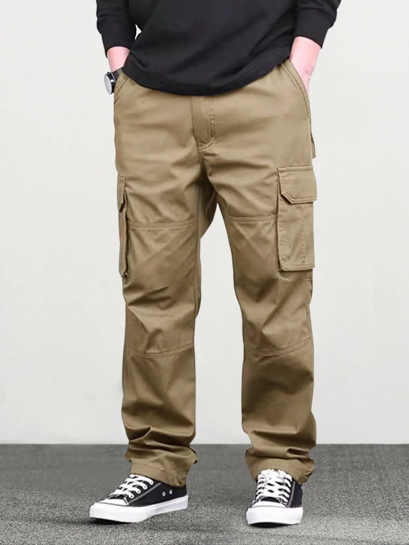 High waist straight long pants in khaki with drawstring waist, loose fit, bamboo fiber blend fabric, women's casual trousers
