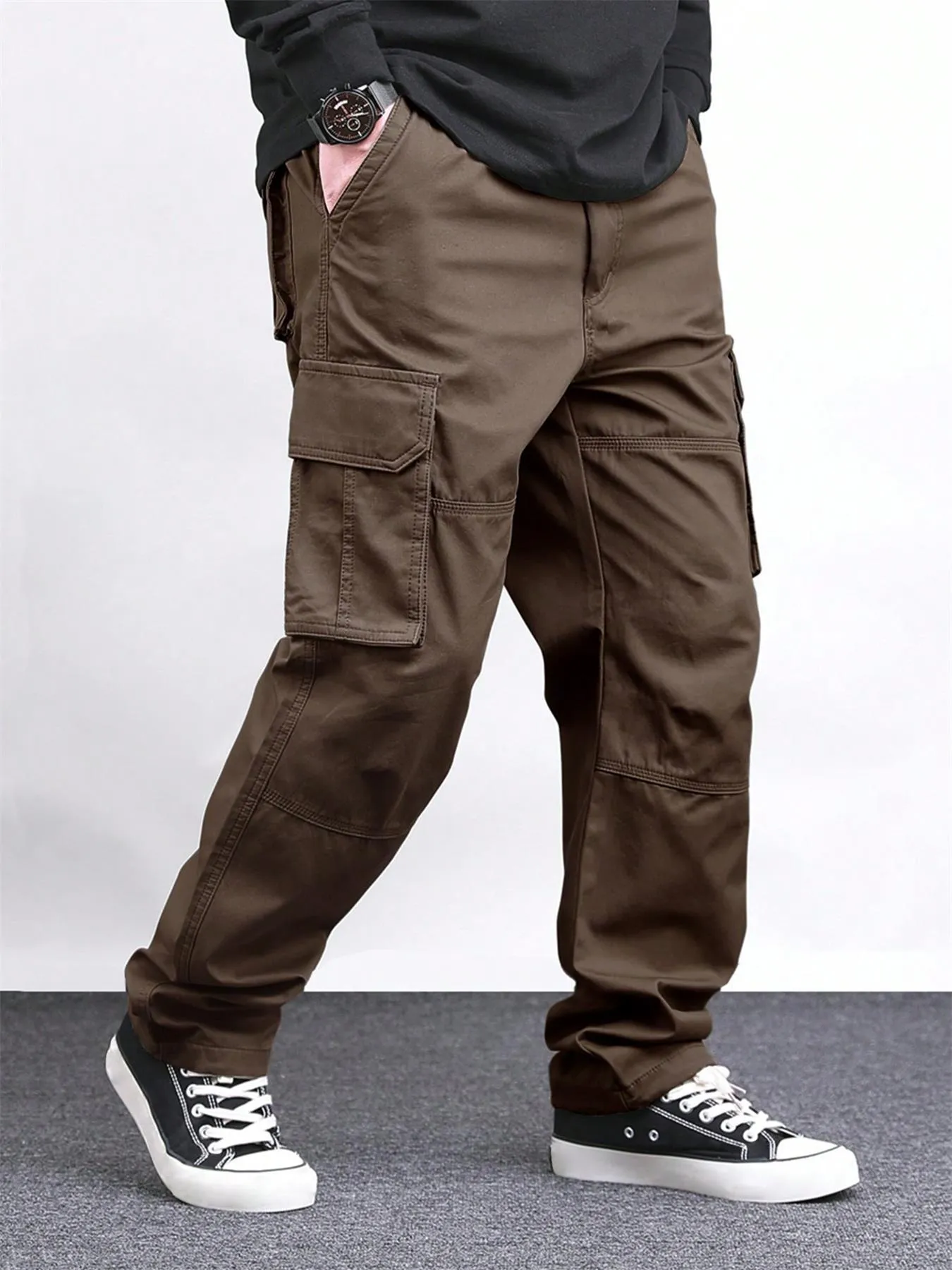 High waist straight long pants in khaki with drawstring waist, loose fit, bamboo fiber blend fabric, women's casual trousers