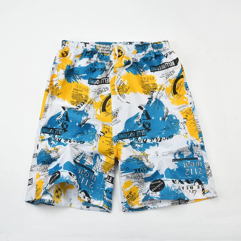 Men's floral printed swimming trunks with five-point design in polyester fabric
