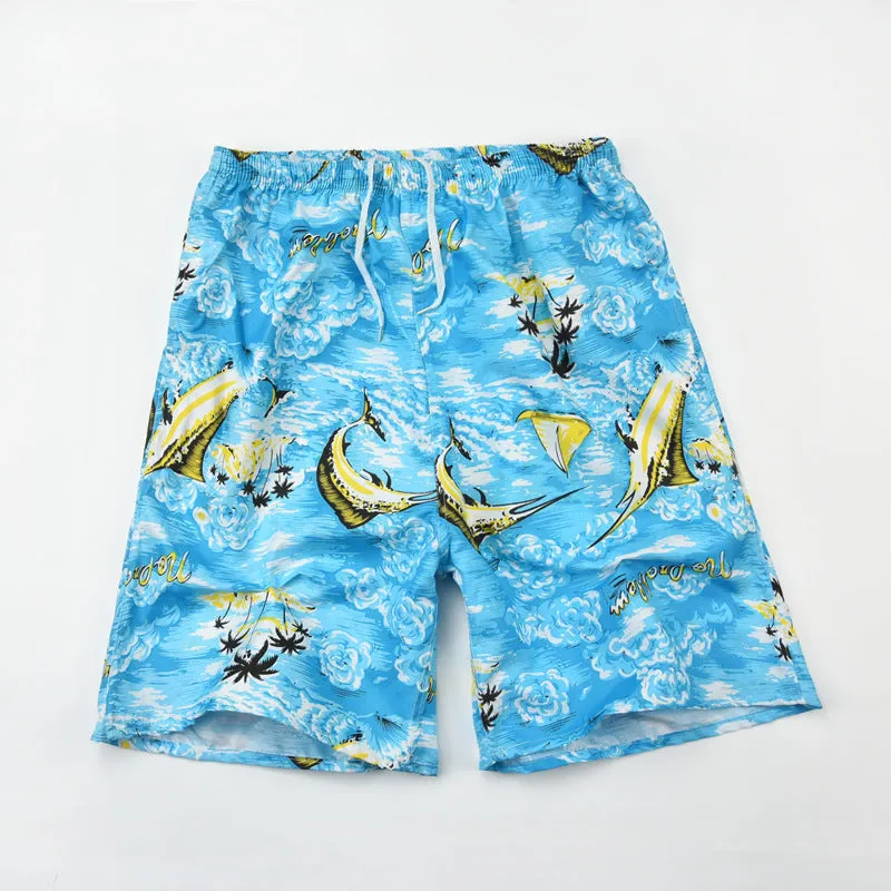 Men's floral printed swimming trunks with five-point design in polyester fabric